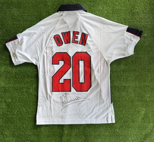 England 1998 Number 10 Retro Home Shirt Signed Michael Owen
