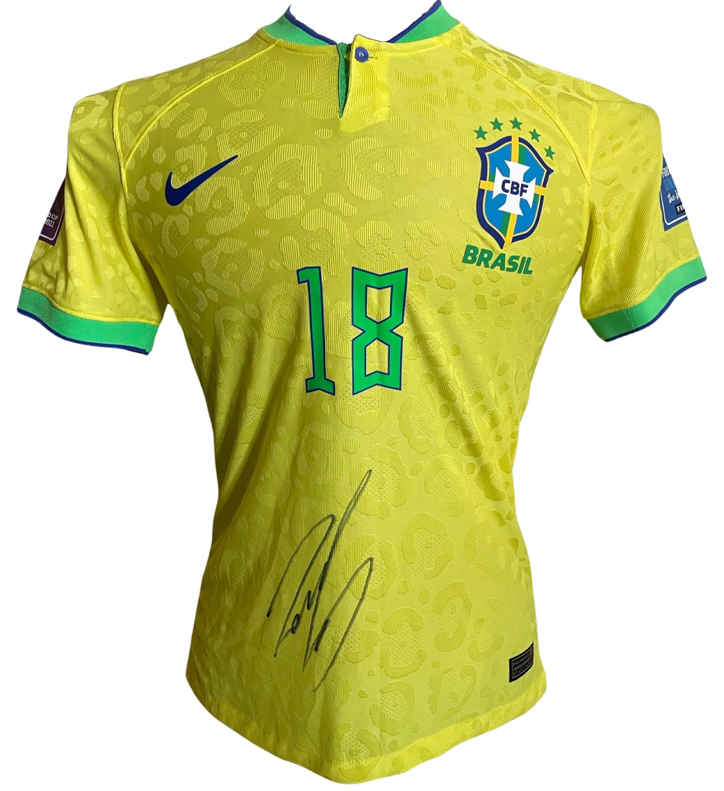 Antony Dos Santos and Roberto Carlos Signed Brazil 2022 World Cup Home Shirt